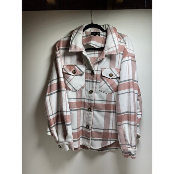 Love Tree Women’s Shacket Pink White Plaid Button Up Sz Large - Picture 2 of 8